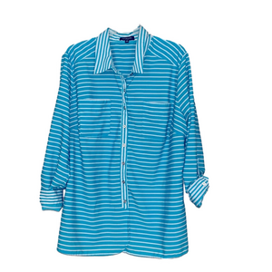 notations blue and white striped button up shirt